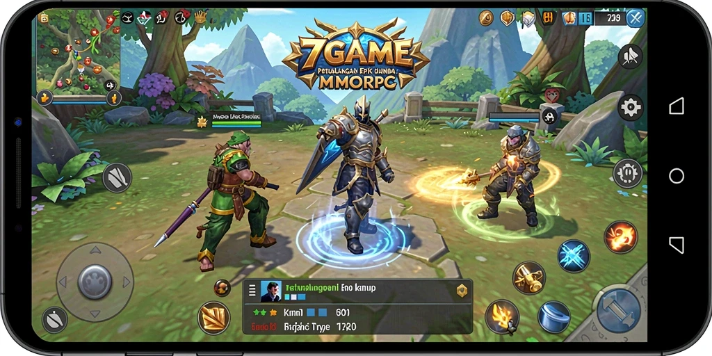 Screenshot gameplay 7GAME yang menampilkan pertarungan epik dalam MMORPG.