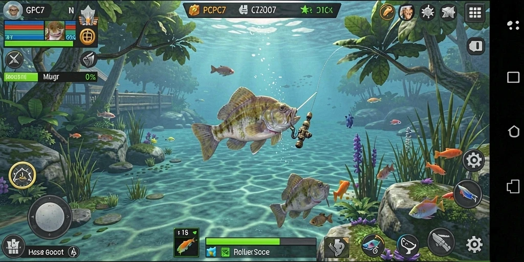 Tampilan gameplay PCPC7 dengan aksi memancing yang mendebarkan.