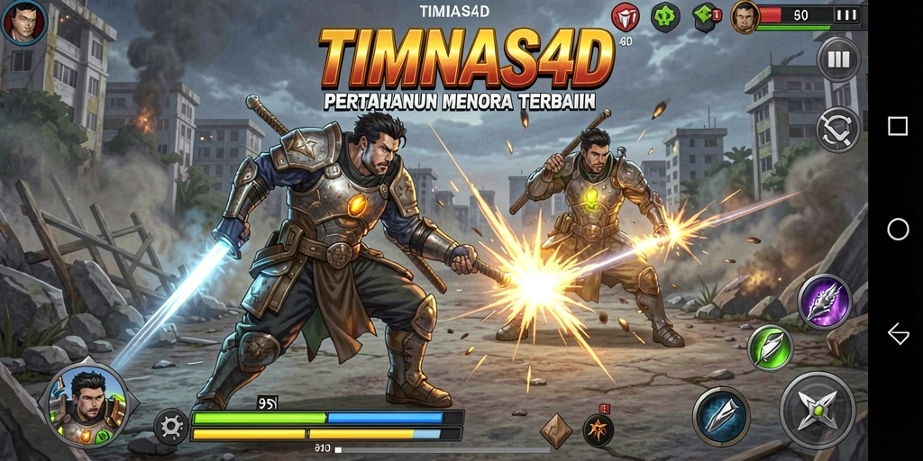 Screenshot utama TIMNAS4D menampilkan aksi menghentikan musuh di menara.
